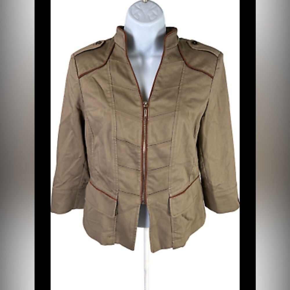 White House Black Market Tan Military Style Zip Front Jacket 4